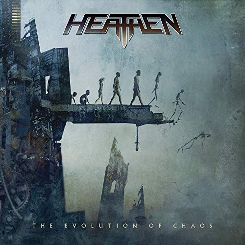 Album cover for Heathen’s “Evolution of Chaos” featuring figures on crumbling structures.