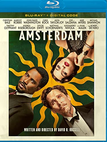 Amsterdam" Blu-ray cover featuring Christian Bale, Margot Robbie, and John David Washington.