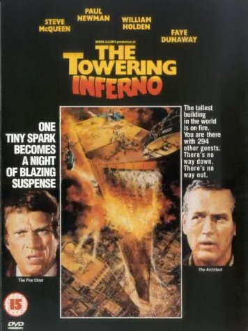 DVD cover for "The Towering Inferno" depicting a burning skyscraper.