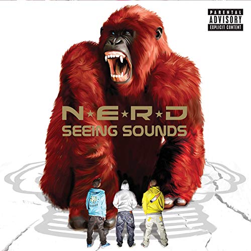 N.E.R.D album cover: red gorilla towering over three small figures.