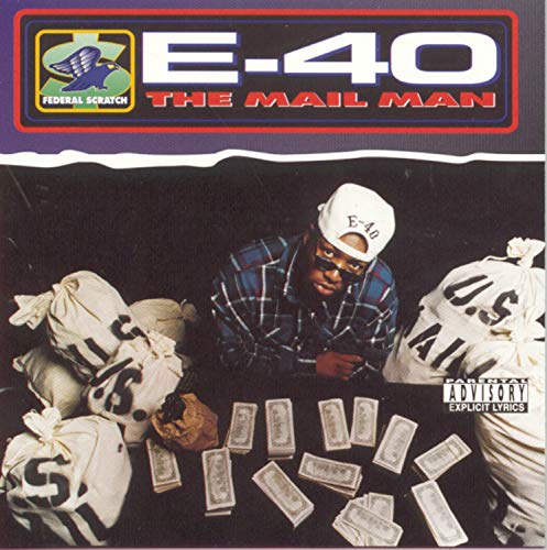 E-40 album cover, "The Mail Man," featuring rapper with money bags.