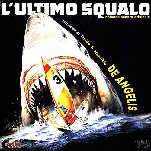 Vinyl record cover: shark attacking a windsurfer, dramatic artwork.