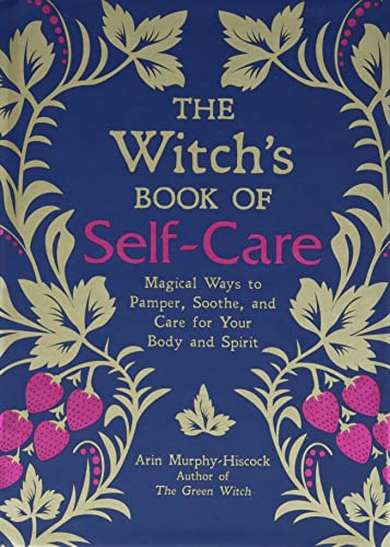 Book cover with blue background, gold botanical illustrations, and pink strawberries, titled The Witch's Book.