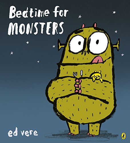 A large, green, wide-eyed monster holding a fork and knife against a starry background.