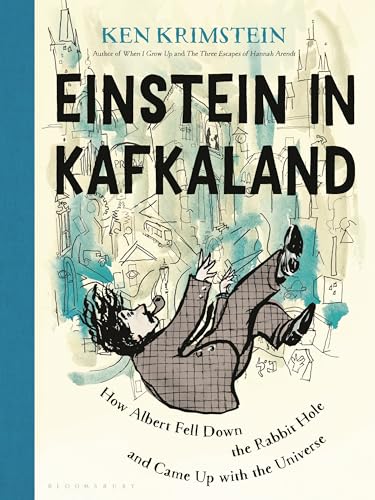 Book cover with Einstein and Kafka illustrations in a surreal, dreamlike landscape together.