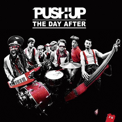 Push Up band album cover, group portrait with instruments, black and white.
