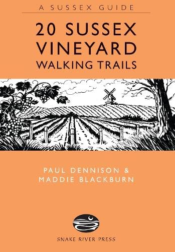 Map or guidebook cover with Sussex vineyard routes and trails illustration.