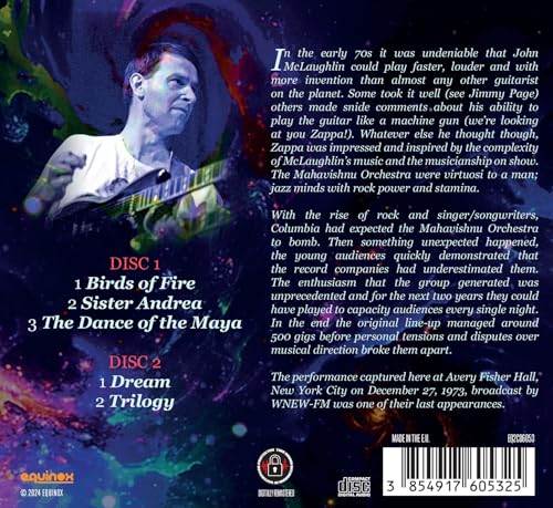 Back cover of a vinyl record featuring a guitarist and descriptive album text.