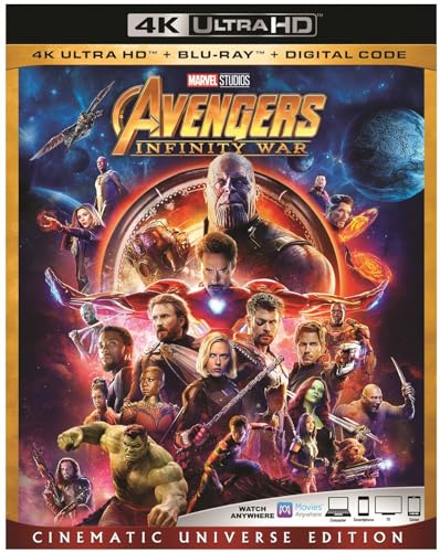 Avengers: Infinity War Blu-ray cover featuring Thanos and many Marvel heroes.
