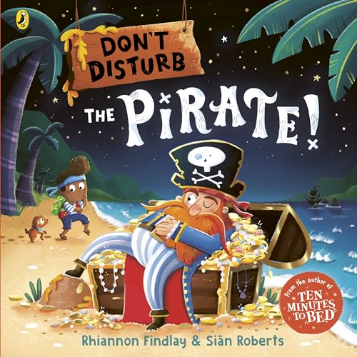 A pirate sleeps on a treasure chest on a beach with a child nearby.