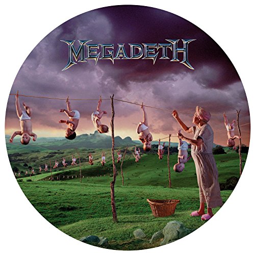 Megadeth “Youthanasia” vinyl record cover: elderly woman, babies hanging on a line.