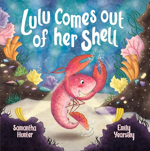 Red lobster emerging from a shell in a colorful underwater scene.