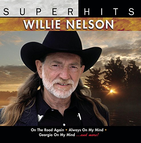 Willie Nelson album cover, portrait with cowboy hat, sunset background.