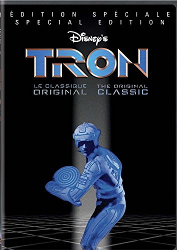Tron DVD cover featuring a blue digital figure in a black grid.