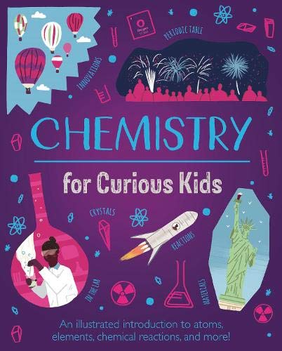 Book cover with purple background, science illustrations, and the title Chemistry for Curious Kids.