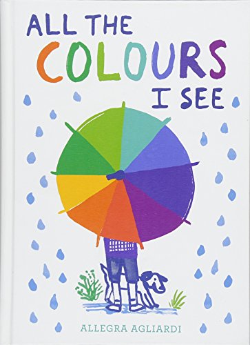 Book cover with rainbow umbrella, child, dog, and falling blue raindrops.