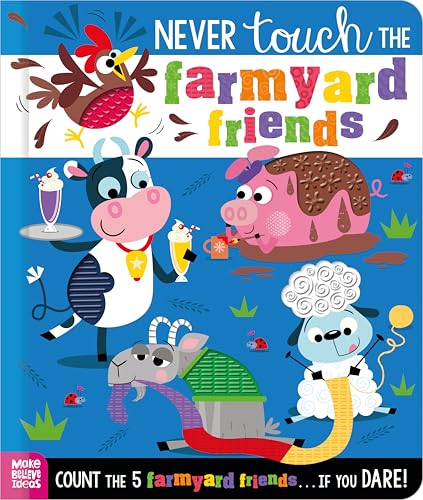 Colourful children's book cover with farm animals and interactive elements or warnings.