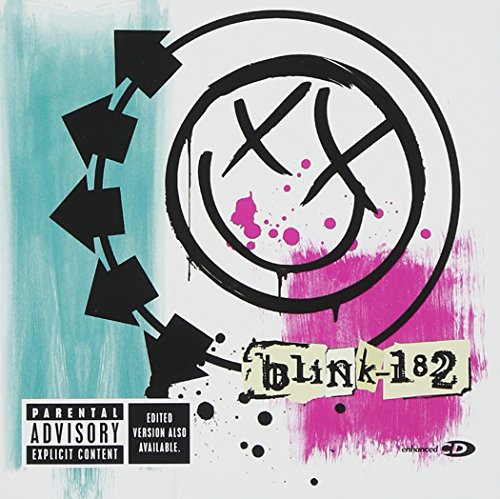 Blink-182 album cover with a smiley face and black arrows, CD format.