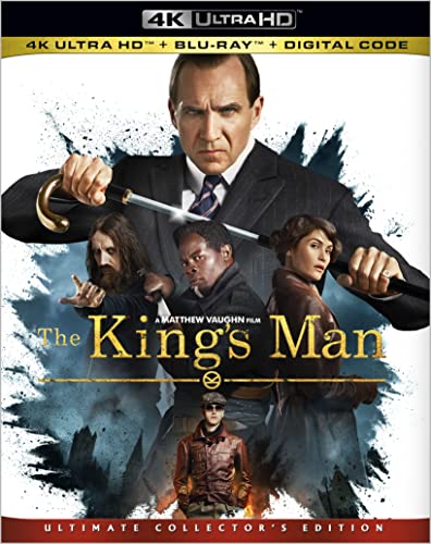 “The King’s Man” Blu-ray cover featuring cast members in action poses.