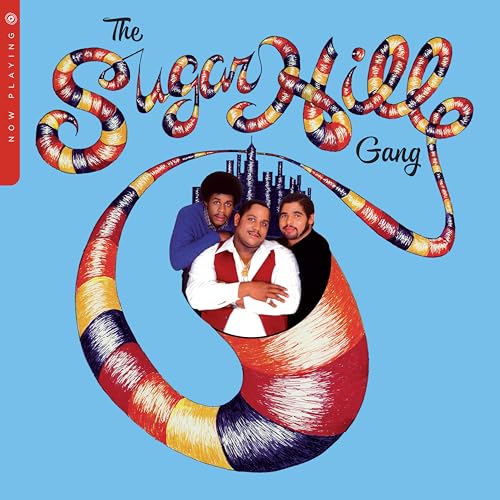 Sugarhill Gang album cover featuring three men inside a colorful swirl.