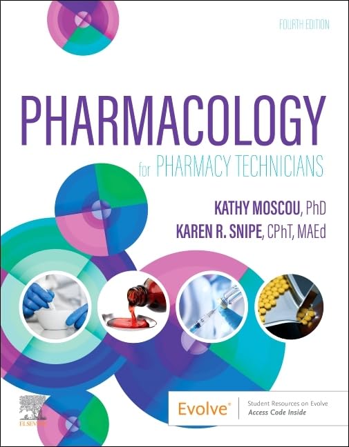 Textbook cover: "Pharmacology for Pharmacy Technicians" with medical imagery.
