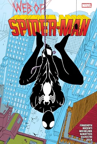 Spider-Man in black suit hanging upside down over a city skyline.