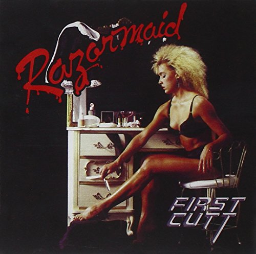 Album cover: woman with blonde hair, dressing table, and dripping text.