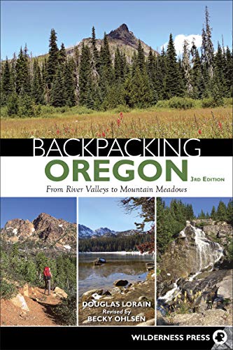 Book cover: "Backpacking Oregon" with mountain, lake, and trail scenes.