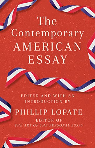 Red book cover with white and blue ribbons, title: "The Contemporary American Essay".