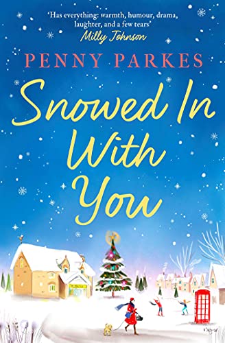 Book cover: “Snowed In With You” with winter scene and red figures.