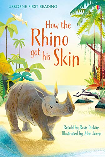 Book cover: a grey rhino on a beach with tropical plants.