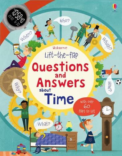 Children’s book cover with clocks, gears, and diverse characters asking about time.