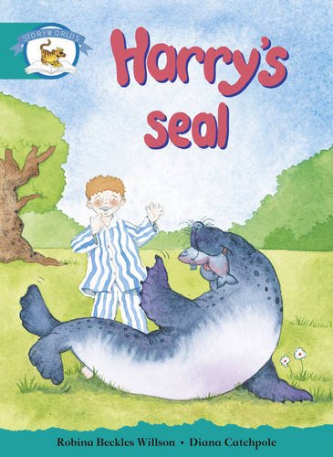 A boy in striped pajamas watches a seal holding a fish in a park.