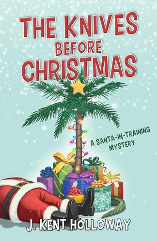 Book cover: Santa with gifts, a palm tree, and snowy background.