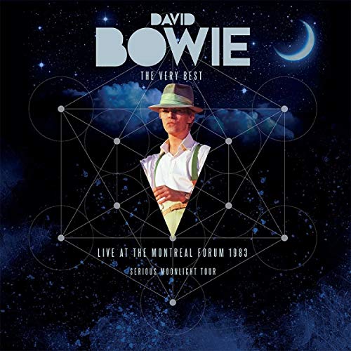 David Bowie wearing a hat and suspenders against a starry, geometric background.