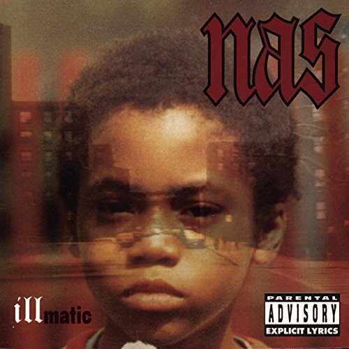 Nas’s “Illmatic” album cover featuring a young man and city backdrop.