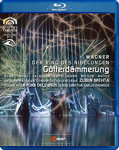 Blu-ray cover for Wagner’s *Götterdämmerung* opera with figures and light beams.