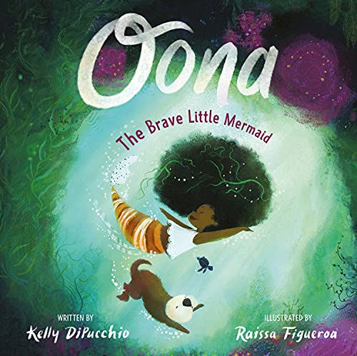 Book cover illustration of a young mermaid with dark curly hair swimming underwater.
