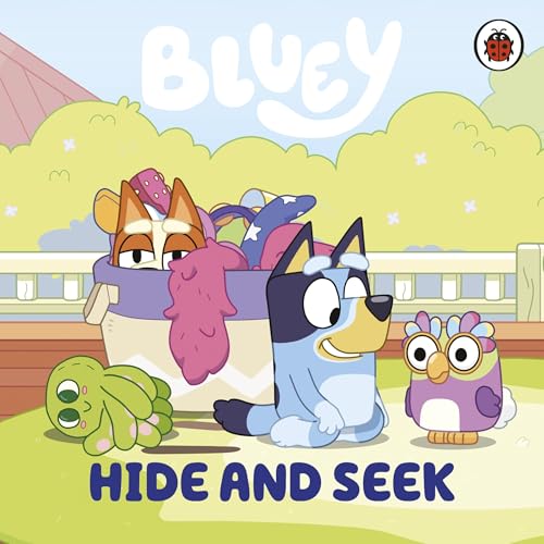 Bluey, Bingo, and friends playing hide and seek in a garden.