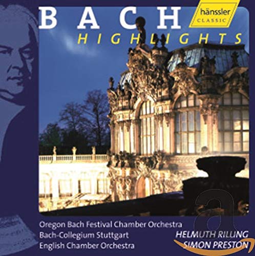 CD cover for “Bach Highlights” featuring a portrait and ornate building.