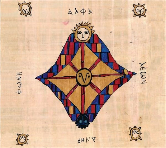 CD cover with a diamond-shaped, illustrated sun symbol on aged paper.