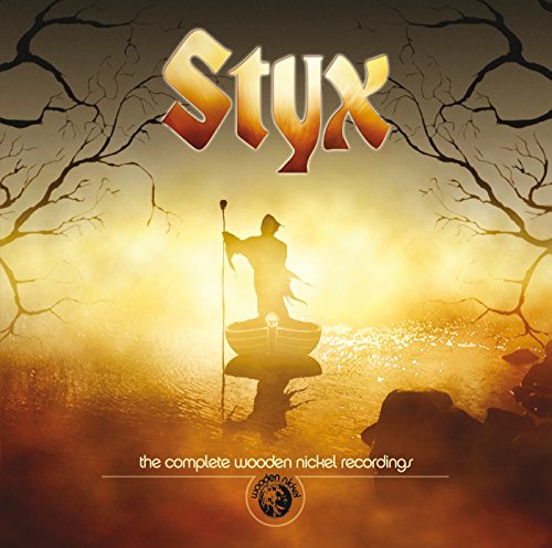 Styx album cover with golden text, silhouetted figure in a boat, and trees.