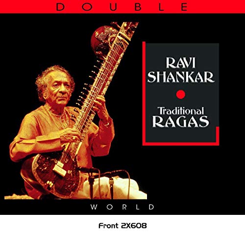 Ravi Shankar playing a sitar on the CD cover "Traditional Ragas".