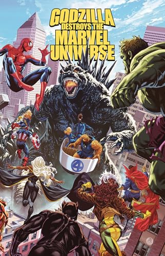 Godzilla rampages through a city battling Marvel superheroes.