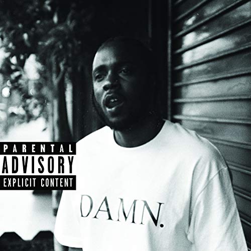 Black and white album cover featuring Kendrick Lamar with the word "DAMN.