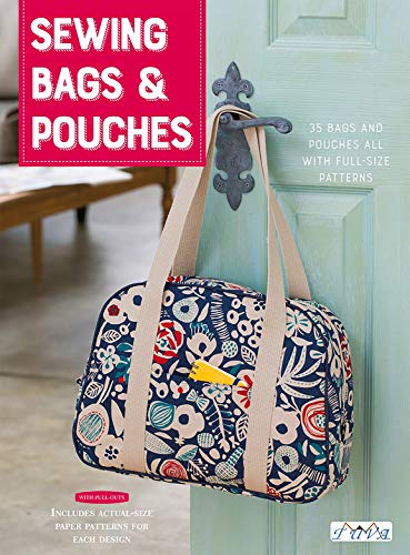 Book with sewing patterns for bags and pouches, featuring colorful illustrations and templates.