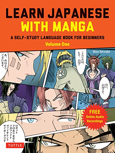 Japanese textbook with manga comics, colorful illustrations, and Japanese text for language learners.