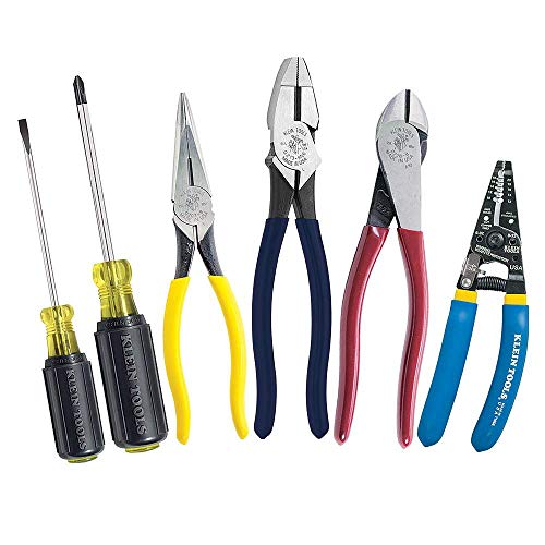 Six Klein hand tools – screwdrivers, pliers, and wire strippers – arranged together.