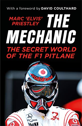Book cover featuring a Formula 1 driver in a helmet and white racing suit.