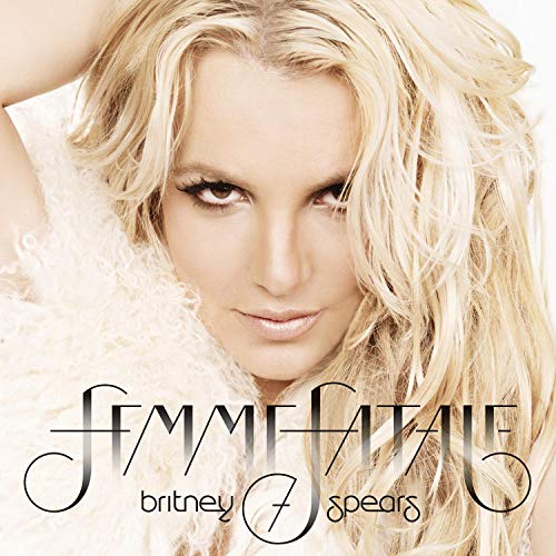 Britney Spears album cover, "Femme Fatale," featuring a close-up of the artist.